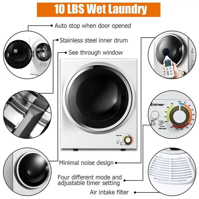 Alt view image 4 of 7 - Compact Laundry Dryer, 110V Electric Portable Clothes Dryer with Stainless Steel Tub, Control Panel Downside Easy Control for 4 Automatic Drying Mode, White