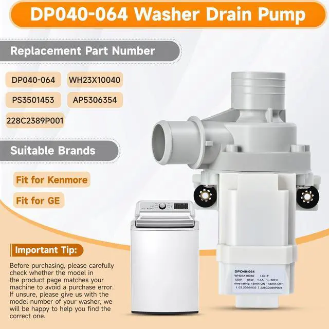 Alt view image 2 of 7 - WH23X10040 DP040-064 Drain Pump Replacement for GE GUD27ESSM1WW GTUN275EM GTUP240EM GTUP270GM Washer Drain Pump, Fit for Kenmore 26615322 Parts Drain Pumps Replace 228C2389P001 PS3501453