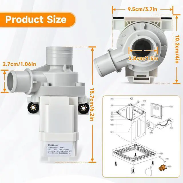 Alt view image 5 of 7 - WH23X10040 DP040-064 Drain Pump Replacement for GE GUD27ESSM1WW GTUN275EM GTUP240EM GTUP270GM Washer Drain Pump, Fit for Kenmore 26615322 Parts Drain Pumps Replace 228C2389P001 PS3501453