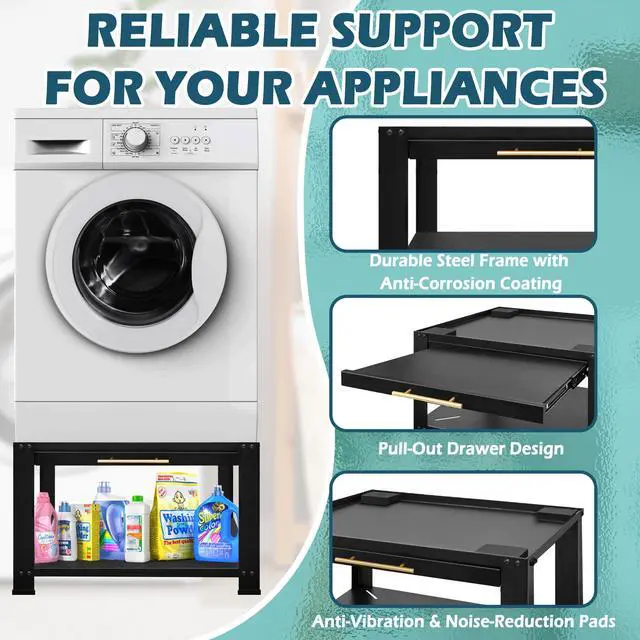 Alt view image 4 of 6 - Washer and Dryer Pedestals with Drawer,29" W x 29" D x 19.5" H Metal Heavy Duty Laundry Pedestal, Universal Washing Machine Stand for Basket Shelf, 850lbs Capacity,Black