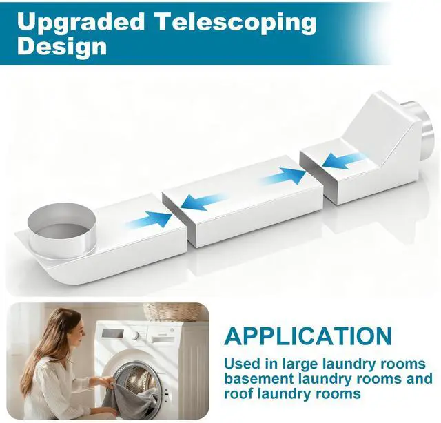 Alt view image 3 of 7 - UD48S Stainless Steel Telescoping Dryer Vent Adjustable 17.729.5" Periscope Duct Kit, Low-Profile Flat Vent for Tight Spaces, Compatible with Whirlpool & All 4-Inch Dryer Vents