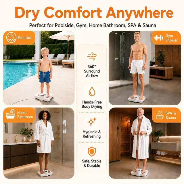Alt view image 6 of 6 - Body Dryer Compact, 960W Full Body Dryer for After Shower, Cool & Warm Air Modes, 2 Wind Speeds, Step-on Switch, Foot Dryer for Small Bathroom, Waterproof, 11.8 × 11.4 in, White