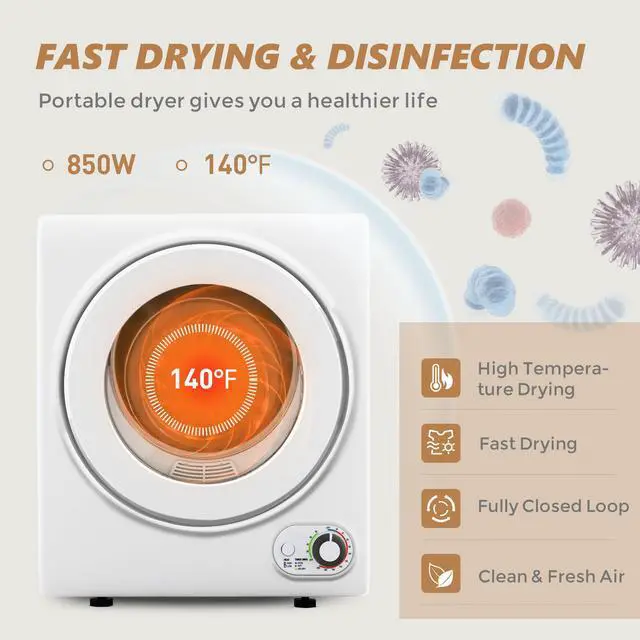 Alt view image 2 of 7 - 120V Compact Laundry Dryer, 1.5 cu.ft Front Load Stainless Steel Clothes Dryers with Stainless Steel Tub, Control Panel Downside Easy Control for 4 Automatic Drying Mode, White