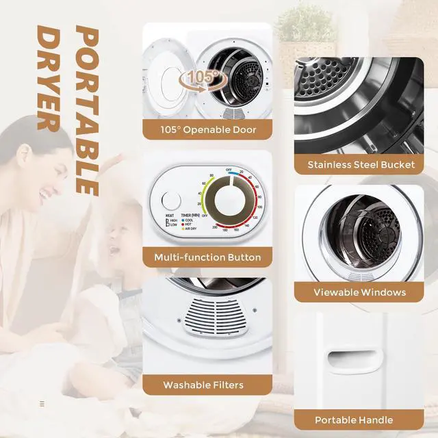 Alt view image 5 of 7 - 120V Compact Laundry Dryer, 1.5 cu.ft Front Load Stainless Steel Clothes Dryers with Stainless Steel Tub, Control Panel Downside Easy Control for 4 Automatic Drying Mode, White