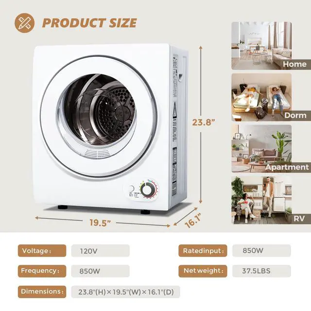 Alt view image 6 of 7 - 120V Compact Laundry Dryer, 1.5 cu.ft Front Load Stainless Steel Clothes Dryers with Stainless Steel Tub, Control Panel Downside Easy Control for 4 Automatic Drying Mode, White