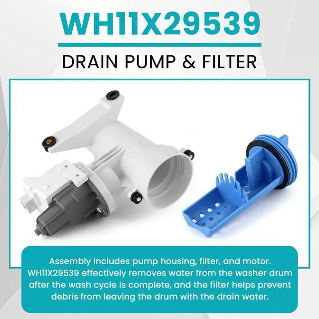 Alt view image 3 of 7 - WH11X29539 AP6986715 Drain Pump and Filter Replacement Fit for GE Front Load Washers gfw550spn2dg Replaces B25-3A04, 4962370, EAP16217203, PD00065822, PS16217203 by (1-year QA)