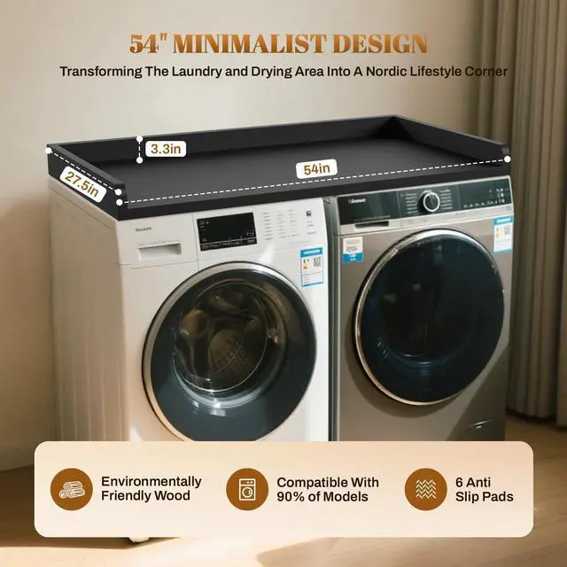 Alt view image 2 of 7 - Washer Dryer Countertop 54x27.5 Wood Laundry Machine Topper,Black | With Edge & Non-Slip Pads, for Laundry Room Organization Storage Clothes Folding, Durable Laundry Shelf Topper