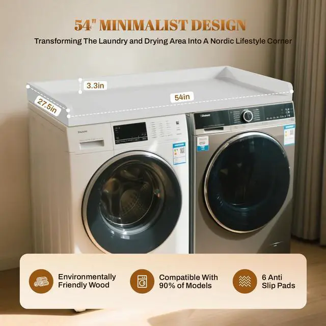 Alt view image 2 of 7 - Washer Dryer Countertop 54x27.5 Wood Laundry Machine Topper,White | With Edge & Non-Slip Pads, for Laundry Room Organization Storage Clothes Folding, Durable Laundry Shelf Topper