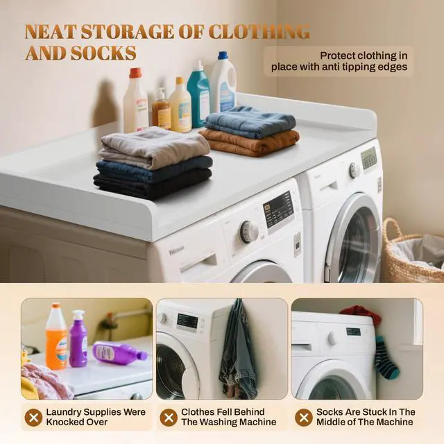 Alt view image 4 of 7 - Washer Dryer Countertop 54x27.5 Wood Laundry Machine Topper,White | With Edge & Non-Slip Pads, for Laundry Room Organization Storage Clothes Folding, Durable Laundry Shelf Topper