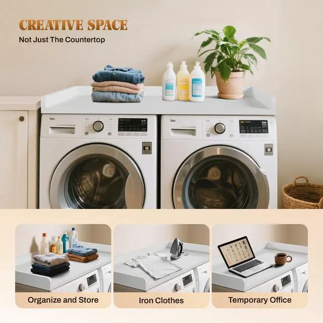 Alt view image 7 of 7 - Washer Dryer Countertop 54x27.5 Wood Laundry Machine Topper,White | With Edge & Non-Slip Pads, for Laundry Room Organization Storage Clothes Folding, Durable Laundry Shelf Topper