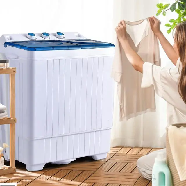 Alt view image 2 of 7 - Portable Washing Machine, Twin Tub 26lbs Capacity Laundry Washer, 18lbs Washer and 8lbs Spinner Combo with Timer Knobs, Built-in Drain Pump, Compact Washer for Home Dorm Apartment, Blue+White