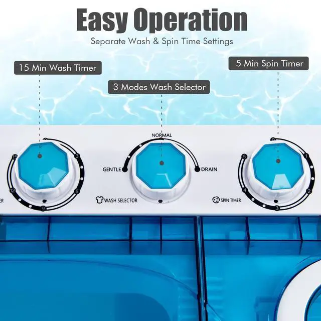 Alt view image 3 of 7 - Portable Washing Machine, Twin Tub 26lbs Capacity Laundry Washer, 18lbs Washer and 8lbs Spinner Combo with Timer Knobs, Built-in Drain Pump, Compact Washer for Home Dorm Apartment, Blue+White