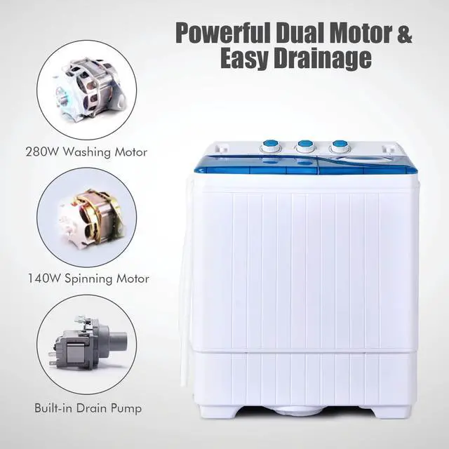 Alt view image 4 of 7 - Portable Washing Machine, Twin Tub 26lbs Capacity Laundry Washer, 18lbs Washer and 8lbs Spinner Combo with Timer Knobs, Built-in Drain Pump, Compact Washer for Home Dorm Apartment, Blue+White