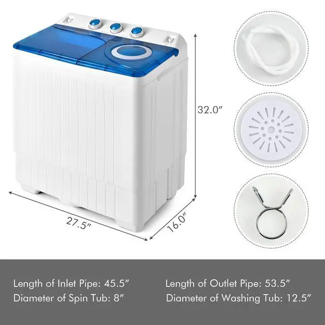 Alt view image 5 of 7 - Portable Washing Machine, Twin Tub 26lbs Capacity Laundry Washer, 18lbs Washer and 8lbs Spinner Combo with Timer Knobs, Built-in Drain Pump, Compact Washer for Home Dorm Apartment, Blue+White