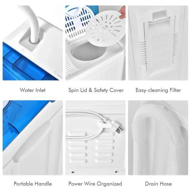 Alt view image 7 of 7 - Portable Washing Machine, Twin Tub 26lbs Capacity Laundry Washer, 18lbs Washer and 8lbs Spinner Combo with Timer Knobs, Built-in Drain Pump, Compact Washer for Home Dorm Apartment, Blue+White