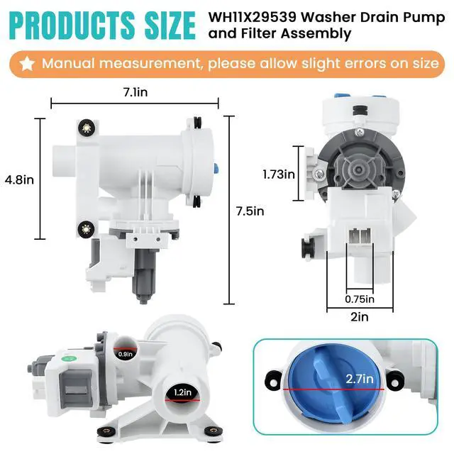 Alt view image 2 of 7 - WH11X29539 Washer Drain Pump Filter Compatible for G-E Front Load Washing Machine Pump PD00094541 WH11X39237 AP8054992 PS16217203 EAP16217203 B25-3A04 PD00065822 Replacement by