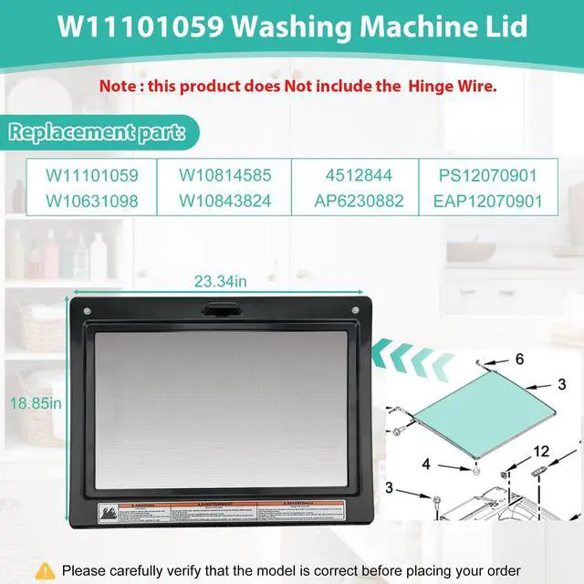 Alt view image 2 of 7 - W11101059 Washer Lid Assembly Compatible with Whirl-Pool Top Load Washer Lid WTW8040DW4, WTW7500GC, WTW8000DW, etc. Replaces W10631098, W10814585, W10843824, Without Hinge Wire & Screws, 1-Year