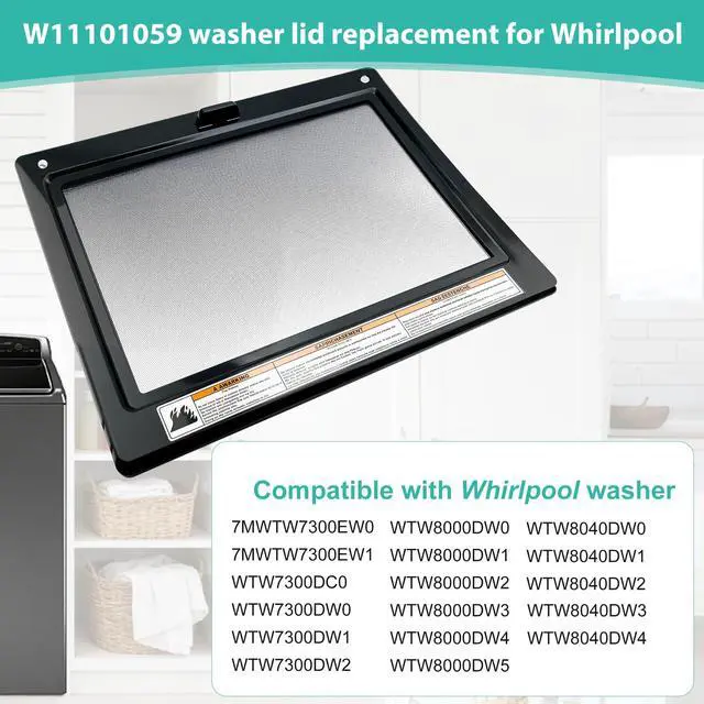 Alt view image 3 of 7 - W11101059 Washer Lid Assembly Compatible with Whirl-Pool Top Load Washer Lid WTW8040DW4, WTW7500GC, WTW8000DW, etc. Replaces W10631098, W10814585, W10843824, Without Hinge Wire & Screws, 1-Year
