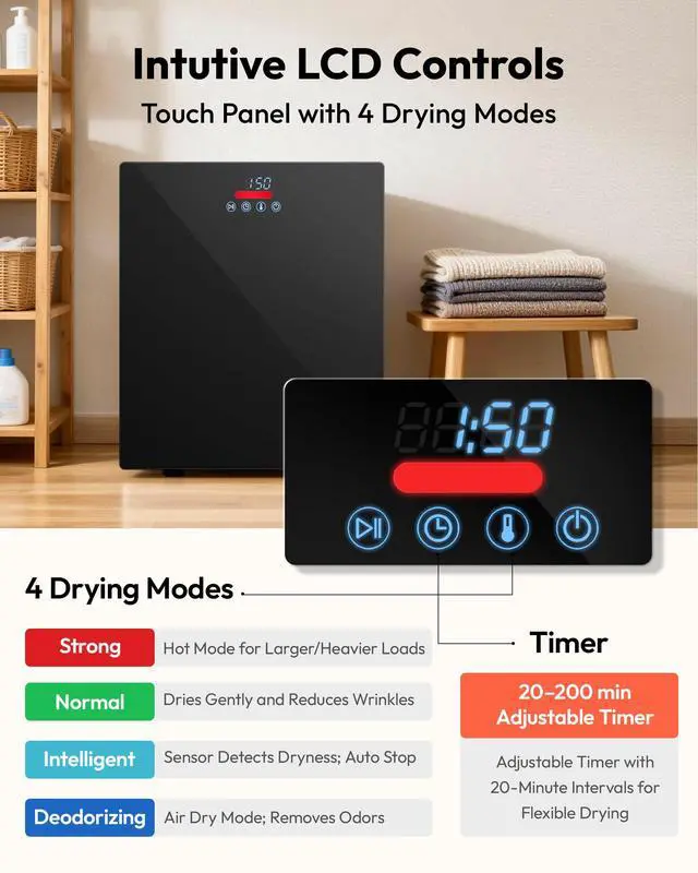 Alt view image 2 of 7 - 1.5 Cu.ft Portable Dryer with 4 Drying Programs, 5.5lbs Clothes Capacity, Mirror Finish & LCD Panel, 850W Portable Clothes Dryer for Apartment, Dorm & RV, Black