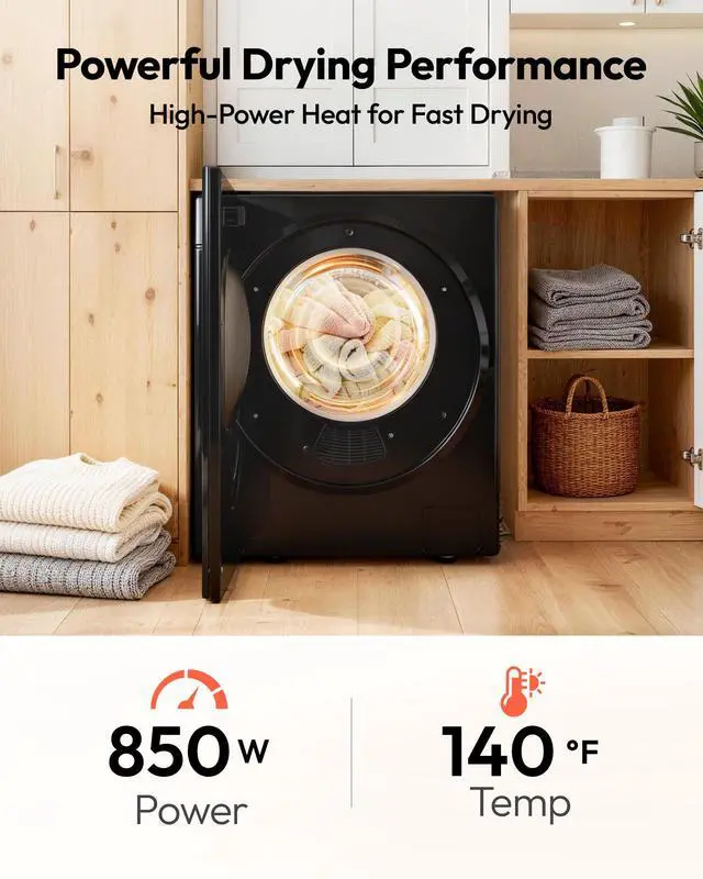Alt view image 3 of 7 - 1.5 Cu.ft Portable Dryer with 4 Drying Programs, 5.5lbs Clothes Capacity, Mirror Finish & LCD Panel, 850W Portable Clothes Dryer for Apartment, Dorm & RV, Black