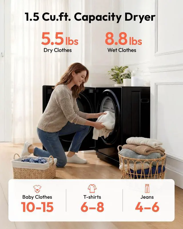 Alt view image 4 of 7 - 1.5 Cu.ft Portable Dryer with 4 Drying Programs, 5.5lbs Clothes Capacity, Mirror Finish & LCD Panel, 850W Portable Clothes Dryer for Apartment, Dorm & RV, Black