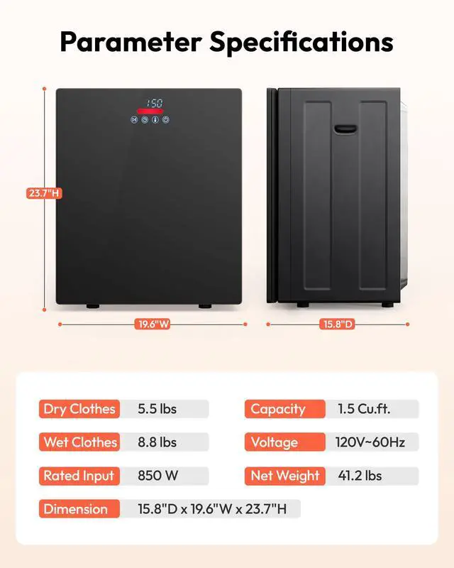 Alt view image 7 of 7 - 1.5 Cu.ft Portable Dryer with 4 Drying Programs, 5.5lbs Clothes Capacity, Mirror Finish & LCD Panel, 850W Portable Clothes Dryer for Apartment, Dorm & RV, Black