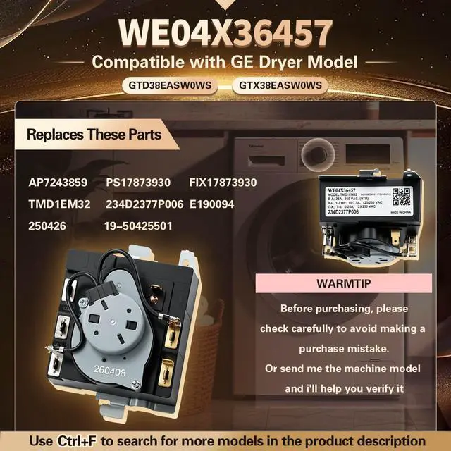 Alt view image 2 of 7 - WE04X36457 Dryer Timer Compatible with GE GTD38EASW0WS Replace 234D2377P006 | Replacement for CKDX36457X TMD1EM32 234D2377P006 AP7243859 PS17873930 FIX17873930 E190094 19-50425501