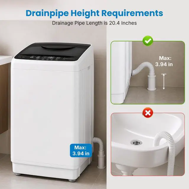Alt view image 3 of 7 - Portable Washing Machine, 7.7 lbs Full-Automatic Compact Laundry Washer, Stainless Steel Drum, 10 Wash Cycles, Auto-Balance Detection, LED Display, Mini Washer for Home, Apartment, Dorm, White