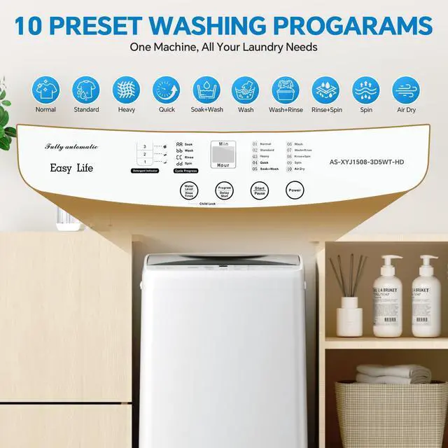 Alt view image 4 of 7 - Portable Washing Machine, 7.7 lbs Full-Automatic Compact Laundry Washer, Stainless Steel Drum, 10 Wash Cycles, Auto-Balance Detection, LED Display, Mini Washer for Home, Apartment, Dorm, White