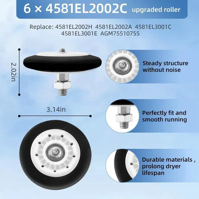 Alt view image 2 of 7 - Upgraded DLEX8000V DLEX9000V DLEX7700VE Dryer Drum Roller Replacement for LG, Raplace LG Dryer Parts DLGX9001V DLGX8101V DLEX8100V DLGX9001W 79681072310 by
