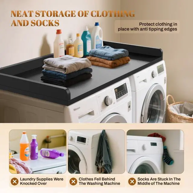 Alt view image 4 of 7 - Washer Dryer Countertop 54x27.5 Wood Laundry Machine Topper,Black | With Edge & Non-Slip Pads, for Laundry Room Organization Storage Clothes Folding, Durable Laundry Shelf Topper
