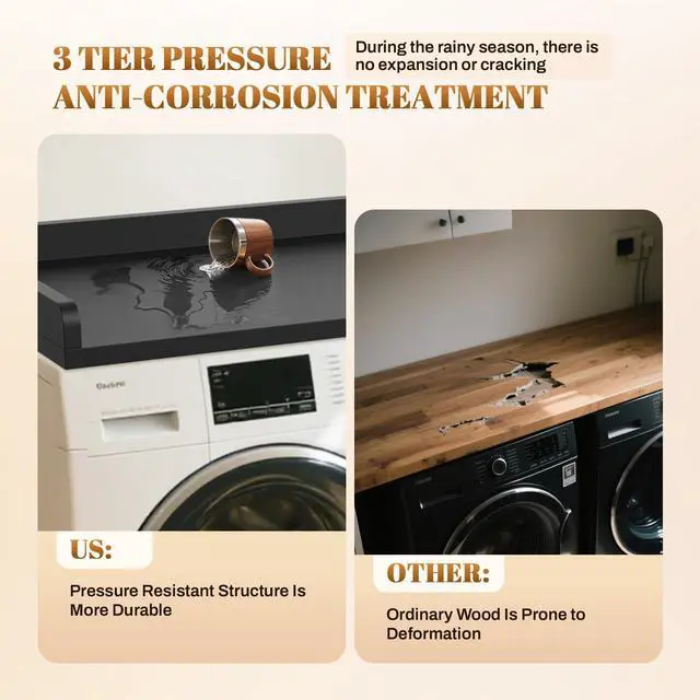 Alt view image 5 of 7 - Washer Dryer Countertop 54x27.5 Wood Laundry Machine Topper,Black | With Edge & Non-Slip Pads, for Laundry Room Organization Storage Clothes Folding, Durable Laundry Shelf Topper