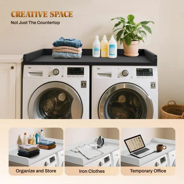 Alt view image 7 of 7 - Washer Dryer Countertop 54x27.5 Wood Laundry Machine Topper,Black | With Edge & Non-Slip Pads, for Laundry Room Organization Storage Clothes Folding, Durable Laundry Shelf Topper
