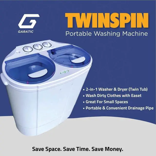 Alt view image 2 of 4 - Garatic Portable Compact Mini Twin Tub Washing Machine w/Wash and Spin Cycle, Built-in Gravity Drain, 13lbs Capacity For Camping, Apartments, Dorms, College Rooms, RVs, Delicates and more