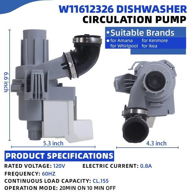 Alt view image 2 of 7 - W11612326 Circulation Pump for Whirlpool Dishwasher WDP540HAMZ4 WDP540HAMZ0 WDF330PAHS5 WDF330PAHB4 WDF330PAHW2 WDF341PAPM2 WDF330PAHS3 WDF330PAHS2 WDF520PADM7 WDF540PADM3, Replace W10805386 W11521435