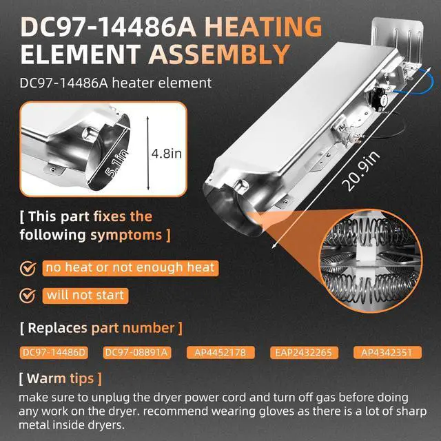 Alt view image 3 of 6 - DC97-14486A Dryer Heating Element for Samsung DV40J3000EW/A2 DV42H5000EW/A3 DV45H7000EW/A2 DV42H5200EW/A3 DV42H5400EW/A3 DVE50R5400W/A3 DV393ETPAWR/A1 DV330AEW/XAA DV448AEW/XAA DV5451AEW/XAA