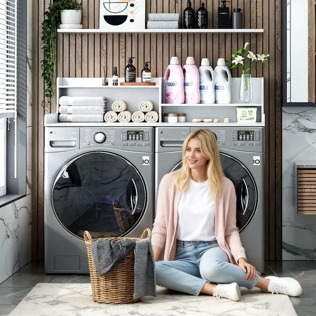 Alt view image 3 of 7 - 2-Tier Bamboo Laundry Washer and Dryer Countertop White | Large Size:54"×27.55",2-Tier Vertical Storage,Anti-fall Guard Rails,Rounded Corners,Easy to Clean,Non-slip pad