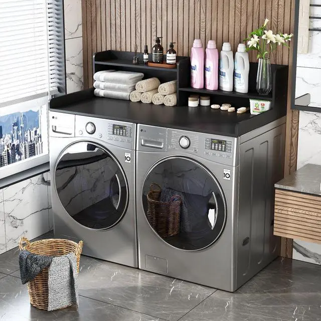 Main image of 2-Tier Bamboo Laundry Washer and Dryer Countertop Black | Large Size:54"×27.55",2-Tier Vertical Storage,Anti-fall Guard Rails,Rounded Corners,Easy to Clean,Non-slip pad