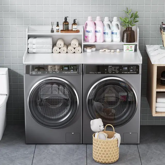 Alt view image 6 of 7 - 2-Tier Bamboo Laundry Washer and Dryer Countertop White | Large Size:54"×27.55",2-Tier Vertical Storage,Anti-fall Guard Rails,Rounded Corners,Easy to Clean,Non-slip pad