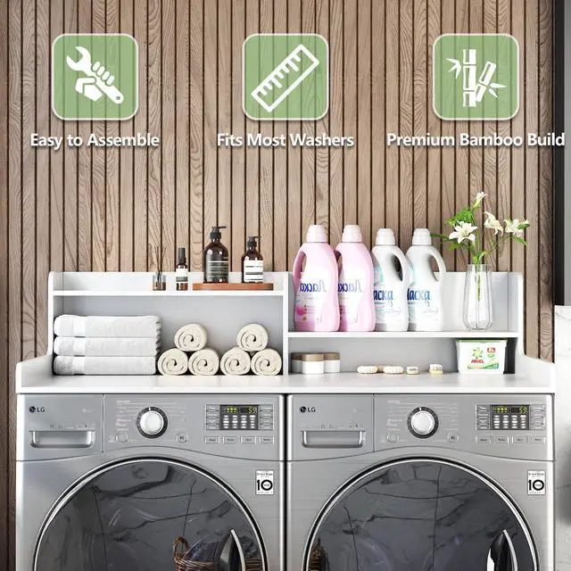 Alt view image 7 of 7 - 2-Tier Bamboo Laundry Washer and Dryer Countertop White | Large Size:54"×27.55",2-Tier Vertical Storage,Anti-fall Guard Rails,Rounded Corners,Easy to Clean,Non-slip pad