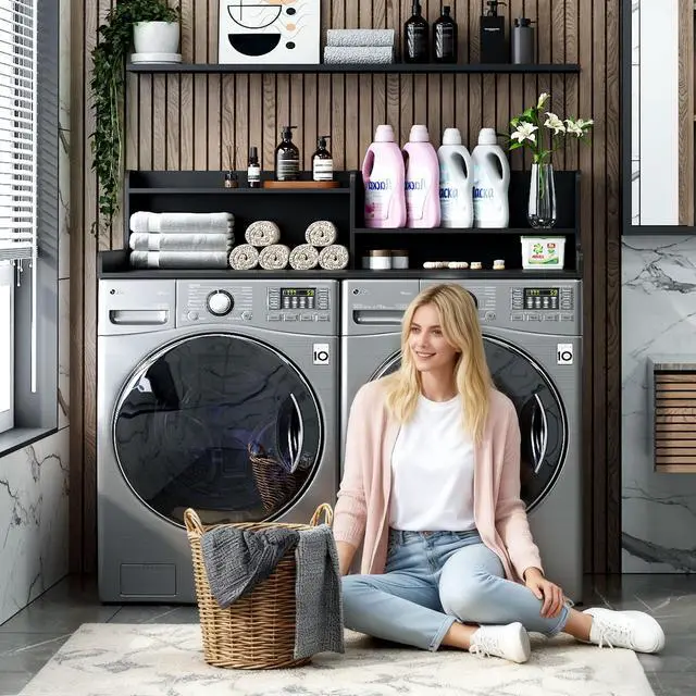 Alt view image 3 of 7 - 2-Tier Bamboo Laundry Washer and Dryer Countertop Black | Large Size:54"×27.55",2-Tier Vertical Storage,Anti-fall Guard Rails,Rounded Corners,Easy to Clean,Non-slip pad