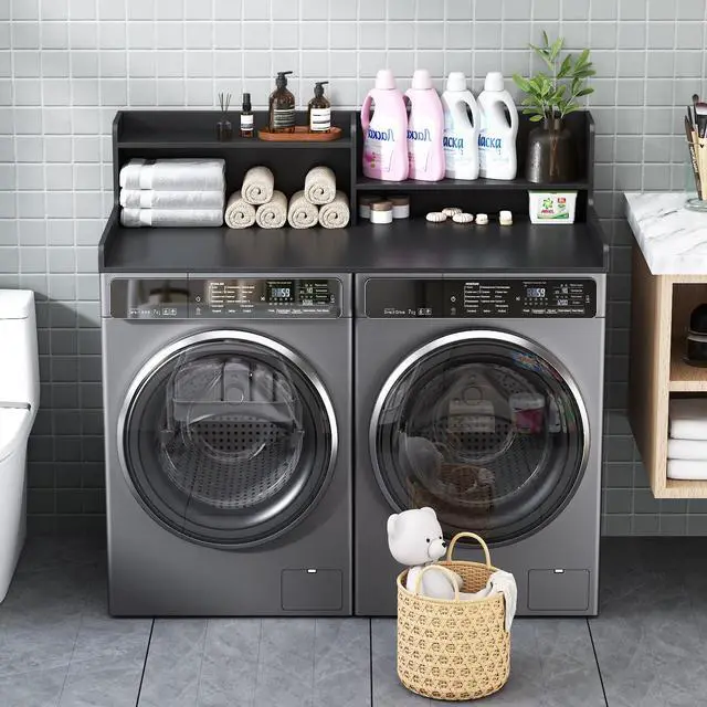 Alt view image 6 of 7 - 2-Tier Bamboo Laundry Washer and Dryer Countertop Black | Large Size:54"×27.55",2-Tier Vertical Storage,Anti-fall Guard Rails,Rounded Corners,Easy to Clean,Non-slip pad