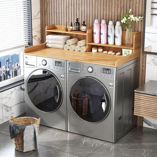 Main image of 2-Tier Bamboo Laundry Washer and Dryer Countertop Nature | Large Size:54"×27.55",2-Tier Vertical Storage,Anti-fall Guard Rails,Rounded Corners,Easy to Clean,Non-slip pad