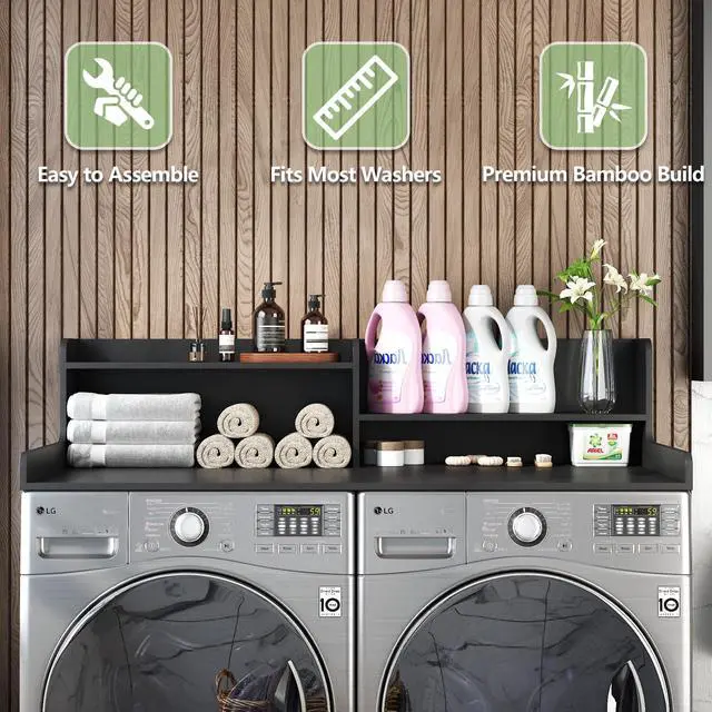 Alt view image 7 of 7 - 2-Tier Bamboo Laundry Washer and Dryer Countertop Black | Large Size:54"×27.55",2-Tier Vertical Storage,Anti-fall Guard Rails,Rounded Corners,Easy to Clean,Non-slip pad