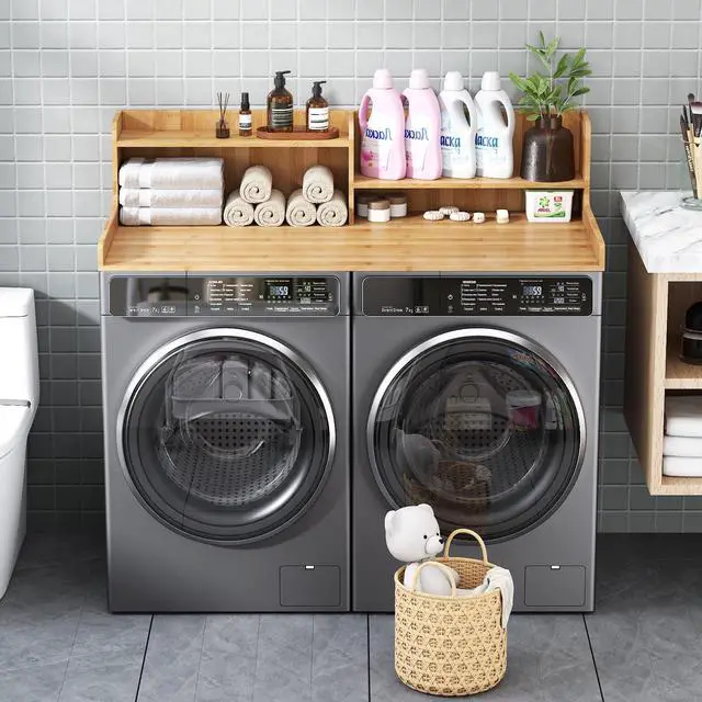 Alt view image 2 of 7 - 2-Tier Bamboo Laundry Washer and Dryer Countertop Nature | Large Size:54"×27.55",2-Tier Vertical Storage,Anti-fall Guard Rails,Rounded Corners,Easy to Clean,Non-slip pad
