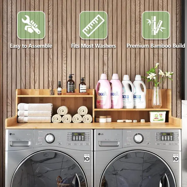 Alt view image 3 of 7 - 2-Tier Bamboo Laundry Washer and Dryer Countertop Nature | Large Size:54"×27.55",2-Tier Vertical Storage,Anti-fall Guard Rails,Rounded Corners,Easy to Clean,Non-slip pad