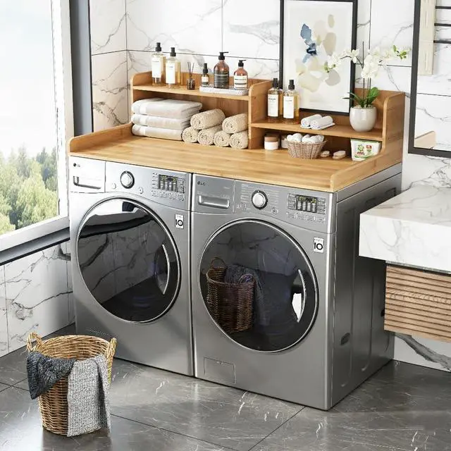 Alt view image 7 of 7 - 2-Tier Bamboo Laundry Washer and Dryer Countertop Nature | Large Size:54"×27.55",2-Tier Vertical Storage,Anti-fall Guard Rails,Rounded Corners,Easy to Clean,Non-slip pad