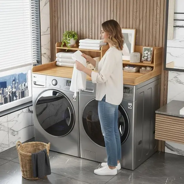 Alt view image 6 of 7 - 2-Tier Bamboo Laundry Washer and Dryer Countertop Nature | Large Size:54"×27.55",2-Tier Vertical Storage,Anti-fall Guard Rails,Rounded Corners,Easy to Clean,Non-slip pad