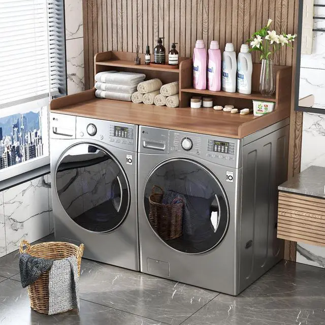Main image of 2-Tier Bamboo Laundry Washer and Dryer Countertop Walnut | Large Size:54"×27.55",2-Tier Vertical Storage,Anti-fall Guard Rails,Rounded Corners,Easy to Clean,Non-slip pad