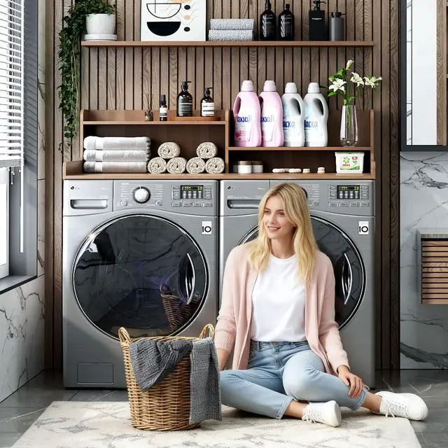 Alt view image 3 of 7 - 2-Tier Bamboo Laundry Washer and Dryer Countertop Walnut | Large Size:54"×27.55",2-Tier Vertical Storage,Anti-fall Guard Rails,Rounded Corners,Easy to Clean,Non-slip pad